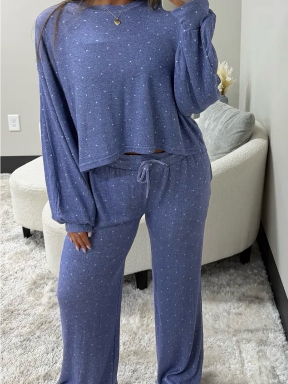 Women's Lavender Blue Dot Knit Pajama Set - Picture 2 of 4